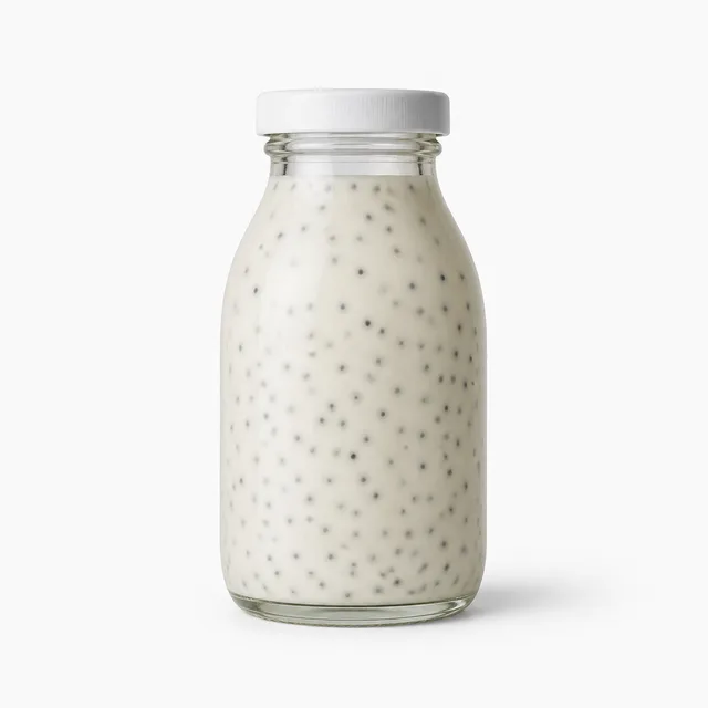 Bottle study showing creamy milk with whole chia seeds suspended inside a clear glass bottle with a white cap